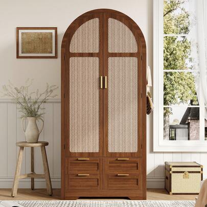 Modern Wardrobe With Curved Doors, Ample Storage Space, Clothes Hanging Rail And Drawers, Luxury Wardrobe, Suitable For Bedrooms And Hallways.