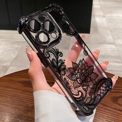 Black Floral Lace Pattern Electroplated Frame Four-Corner Anti-Drop Airbag With Lens Protector Phone Case Compatible With Apple 7/8/X/XR/XSMAX/11/12/13/14/15/16/17Promax Compatible With Samsung A14/A15/A16/A17/A04/A05/A06/A07/A54/A55/A56/A57/A34/A35A/36/A37/S26/S26Plus/S26Ultra Compatible With Transsion SMART7/8/10 Compatible With Honor400/400Pro/400Lite Soft Full Coverage Phone Case