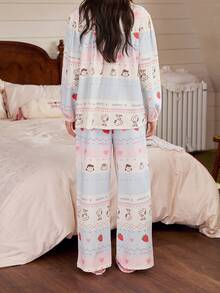 Gongdie 2pcs Snoopy Women's Pajama Set, Spring/Autumn Soft Cotton, Lace Trim Light Blue & Pink Colorblock Striped Loungewear - Baby Blue - View 6