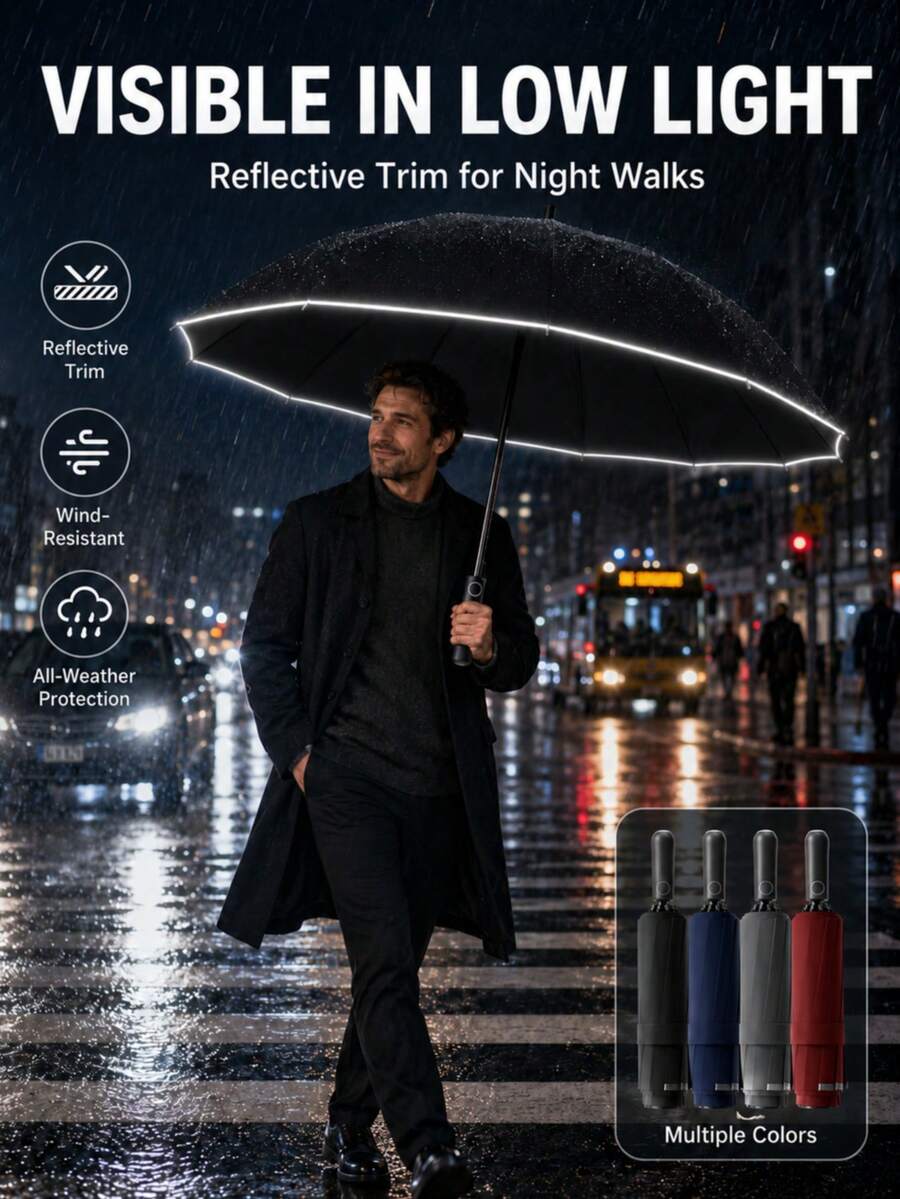 Paraguas automático unisex, varillas reforzadas, plegable, portátil, protección UV duradera, uso dual para sol y lluvia (se puede personalizar la tela, el color de las varillas, el diseño del patrón de letras, la forma y el color del botón) - Multicolor - Ver 1