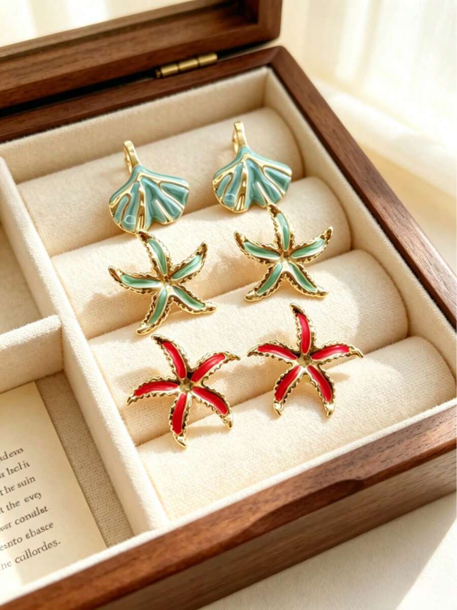 French Retro Ins Beach Vacation Stud Earrings, Ginkgo Leaf StarfishPlumpOutline,Hypoallergenic304Steel,RomanticAccessoryForVacationTravelPhotoShooting - Multicolor - View 1