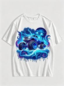 Herren-T-Shirt aus 100% Baumwolle mit Grafikdruck, Rundhalsausschnitt, Neonblau, Oktopus, Monster Truck, Blitz, Horror-Print, Oversized, locker geschnitten, lässig, Street-Style, Kurzarm-T-Shirt. - Weiss - Übersicht 1