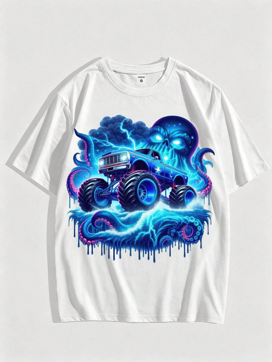 Herren-T-Shirt aus 100% Baumwolle mit Grafikdruck, Rundhalsausschnitt, Neonblau, Oktopus, Monster Truck, Blitz, Horror-Print, Oversized, locker geschnitten, lässig, Street-Style, Kurzarm-T-Shirt. - Weiss - Übersicht 1
