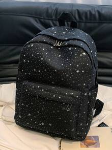 1 pieza Mochila de nailon de gran capacidad para estudiantes, mochila minimalista con patrón de estrellas para estudiantes universitarios, mochila de nailon, mochila de viaje - Negro - Ver 7