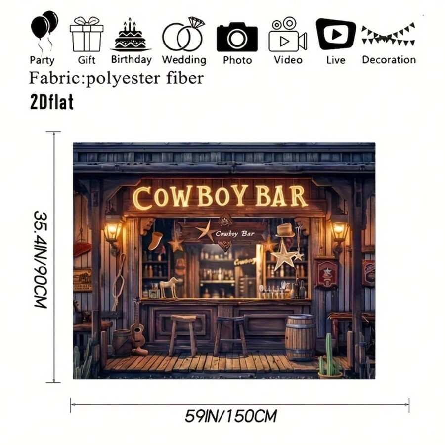 1pc 2D Flat Vintage Western Cowboy Bar Backdrop, Rustic Wooden Bar Design With Barrels And Stools, Durable Polyester Fabric, Suitable For Theme Party, Autumn/Winter Events - Multicolor - View 1