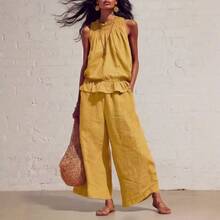 New Summer Casual Linen Two-Piece Women's Sleeveless Ruffled Wide-Legged Pants Suit - 黃色 - 查看 2