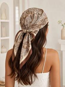1pc New Paisley Print Square Scarf, Spring/Summer Women's Headscarf Sun Protection Shawl, Suitable For Daily Wear And Vacation - Brown - View 3