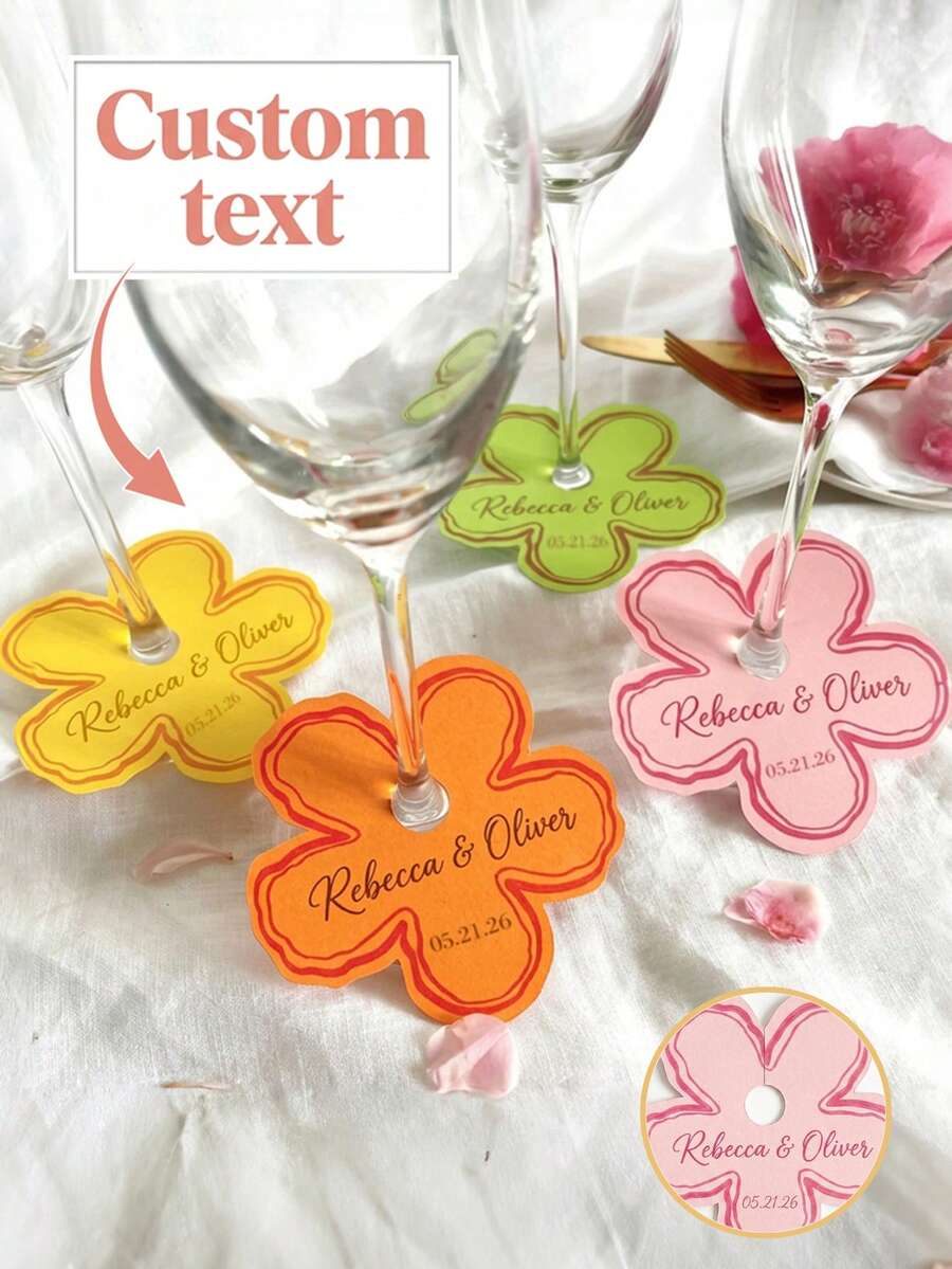 1-48pcs Customized Name Floral Wine Glass Labels, Personalized Wedding Date Floral Seating Cards, Wedding Customized Text Wine Glass Name Labels, Wedding Table Wine Glass Identification Cards, Wedding Gift Matching Small Cards - Multicolor - View 1