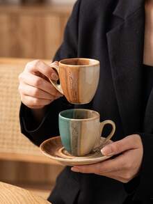 DearDali 1 Set Handmade Kiln-Fired Glazed Ceramic Cup And Saucer, 90ml, Vintage Vertical Textured Design, Microwave , Afternoon Tea Coffee Cup, Suitable For Espresso And Tea, Birthday Gift For Friends, Holiday Gift - Multicolor - View 5