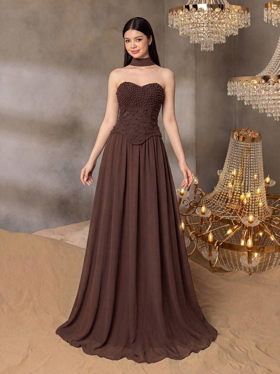 ALISA&LEO Exquisite Pearl Decorated A-Line Long Dress With Detachable Scarf, Suitable For Teenagers, Perfect For Prom, Formal Occasions, Pageants And Celebrations - Coffee Brown - View 1