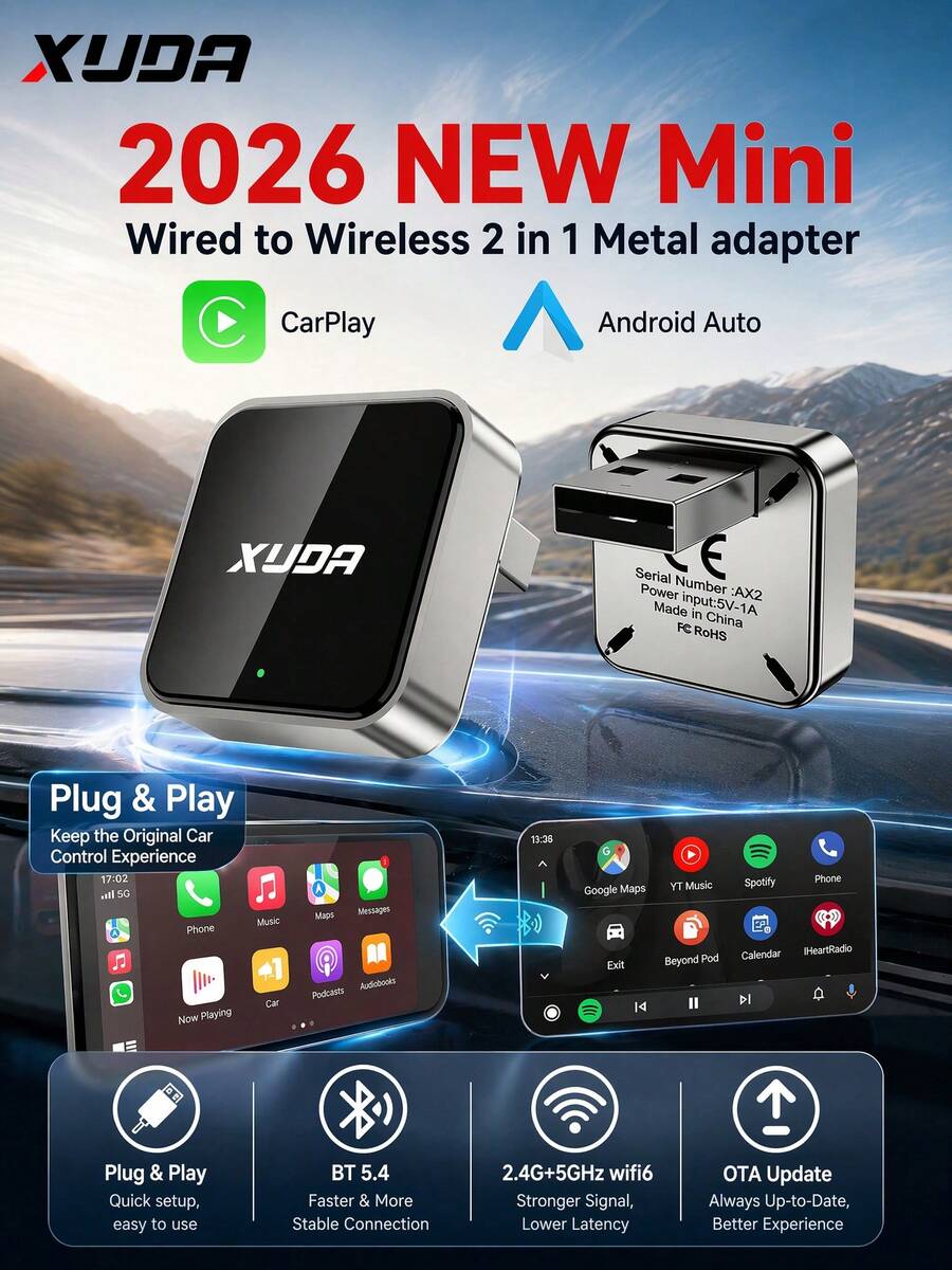 XUDA 2026 新款 2 合 1 無線 CarPlay / Android Auto 超迷你轉接器,2.4-5.0 GHz WiFi6 車載轉換器,有線轉無線,快速自動連接智能盒,無延遲,緊湊設計,時尚便攜,小巧精緻,附 USB/USB-C 接口,免電池 - C - 查看 1