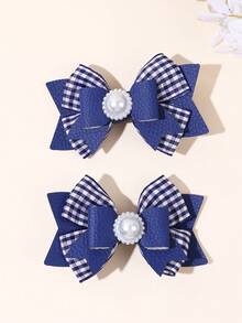 2pcs Grid Fabric Bow Hair Clips,PU Fabric Cute Sweet Alligator Clips,Elegant Faux Pearl Decor Hair Barrettes,Festival&School Teens Hair Accessories - Multicolor - View 5