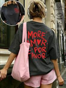 Women's Summer Cotton T-Shirt, Personalized Slogan Print, Casual Loose Fit, Daily And Holiday Casual Wear - Dark Gray - View 2
