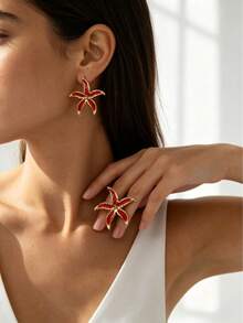 French Retro Ins Beach Vacation Stud Earrings, Ginkgo Leaf StarfishPlumpOutline,Hypoallergenic304Steel,RomanticAccessoryForVacationTravelPhotoShooting - Multicolor - View 2
