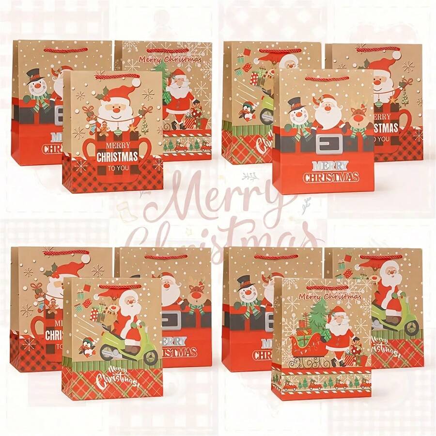 1/8/16pcs Handle Packaging Bags, Santa Claus Pattern, Merry Text, Red & Beige Holiday Color Scheme, Thickened Kraft Paper Packaging Bags, Suitable For Parties, Corporate Gifts, Large Capacity Packaging Supplies, Holiday Illustration - A - View 1