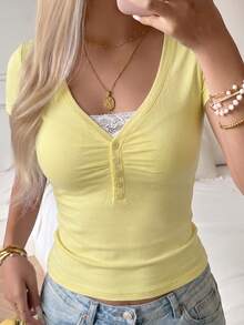 Women's Y2K Sexy Fitted Cream Yellow V-Neck Short Sleeve T-Shirt, Summer Casual - Yellow - View 6