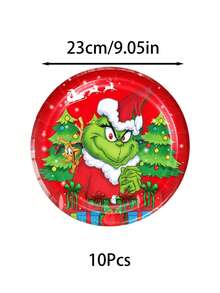 The Grinch 1/10/20pcs Green Christmas Monster Birthday Party Decoration Tableware, Paper Cups, Plates, Banner, Napkins, Tablecloth, Suitable For Party And Holiday Decoration And Gifts - Multicolor - View 12