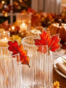 1pc/6pcs Autumn Maple Leaf & Oak Leaf Acrylic Drink Cup Tags, Thanksgiving Cup Identification Charms, Farmhouse Harvest Table Decor, Reusable Cup Labels, Halloween Holiday Dinner Tabletop Decorations, Vintage Leaf Party Table Decor Gifts - Multicolor - View 5