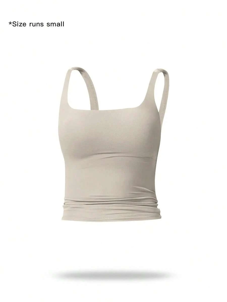Camiseta deportiva sin mangas para mujer de color sólido, casual, cómoda y transpirable, ideal para yoga, gimnasio, entrenamiento y correr; ropa deportiva para todas las estaciones; chaleco con cintura. - Albaricoque - Ver 1