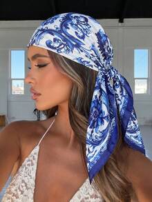 1PC Women's 2026 Spring/Summer Fashion Palace Style Luxurious Geometric Satin Print Bandana, Versatile For Daily Wear - White and Blue - View 3