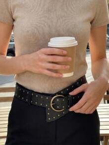 1pc Women's Dark Western Style Heavy-Duty Full Rivet Wide Waist Belt - Black - View 4