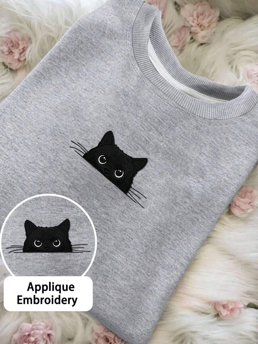 1pc Minimalist Fresh Girl Crew Neck Sweatshirt, Black Cat Applique Embroidery, Soft Autumn/Winter Campus Top - Grey - View 1