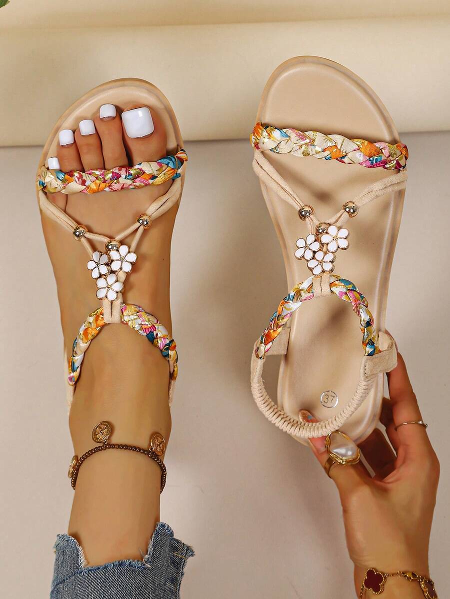 Women's Bohemian Woven Flat Sandals, Summer Beach Vacation Colorful Floral Decor T-Strap Elastic Backstrap Sandals
