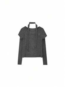 Women's Korean Vintage Patchwork Striped 2 In 1 Long Sleeve Turtleneck Knit Base Layer Top Casual - Black and Gray - View 5