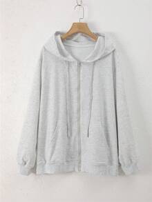 Sweatshirt Lengan Panjang Berkerudung Ukuran Besar Wanita dengan Resleting, Tali Serut, dan Kantong, Kain Rajut Elastis Sedang, Nyaman untuk Dipakai di Musim Gugur/Musim Dingin - Grey - View 5