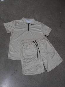 Men's Fashion Casual Set, Digital Print Zip-Up Short Sleeve Top And Shorts - Apricot - View 3