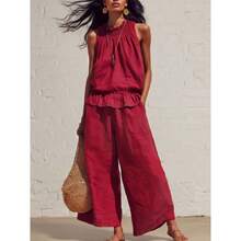 New Summer Casual Linen Two-Piece Women's Sleeveless Ruffled Wide-Legged Pants Suit - 猩紅色 - 查看 3