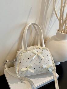 Bolso bandolera con lazo decorativo, encaje, volantes y lunares - Beis - Ver 2
