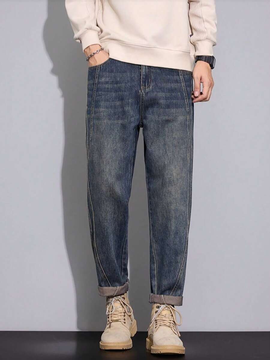 Men Split Seam Detail Vintage Wash Tapered Jeans Casual Baggy Denim Pants - Blue - View 1