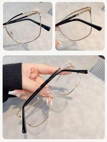 2pcs Women's New Cat Eye Fashion Glasses, Inlaid With Sparkling Rhinestone Decorated Frame, Solid Color Design, Hollow Metal Frame, Fashion Accessory - Transparent white blue light - View 6