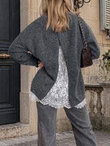 Women's Lace Patchwork Casual Versatile Daily Wear Knit Top - Grey - View 3
