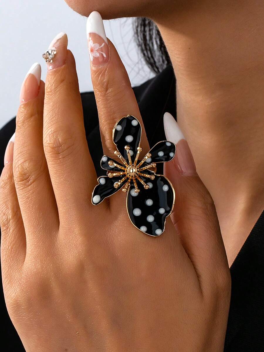 1 buah Cincin Terbuka Motif Polkadot Klasik Prancis yang Menawan dan Serbaguna untuk Wanita di Musim Panas - MultiWarna - View 1