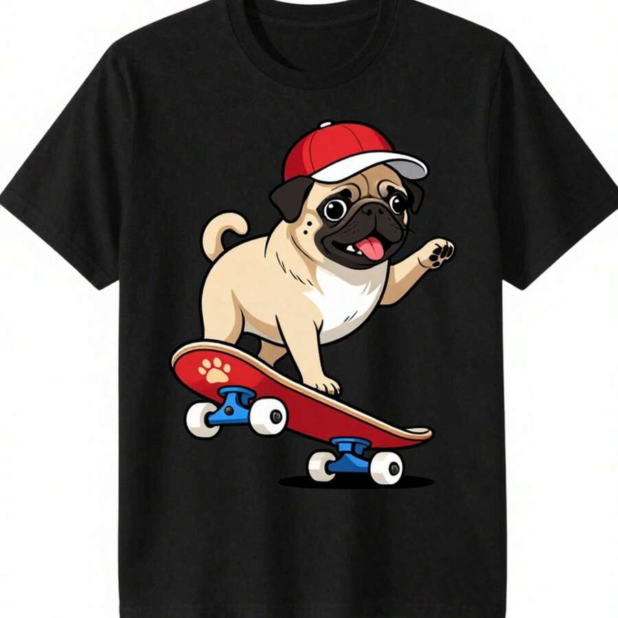 T-shirt unisex in puro cotone, con un simpatico disegno di un carlino per lo skateboarding - adorabile cucciolo, T-shirt 100% casual con scollo rotondo, adatta per lo skateboarding - nero - Visualizzare 1
