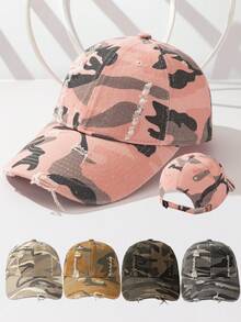 1pc Personalized Camouflage Baseball Cap Unisex Distressed Ripped Soft Top Hat Flattering Face Shape Sun Protection Polyester - Multicolor - View 1