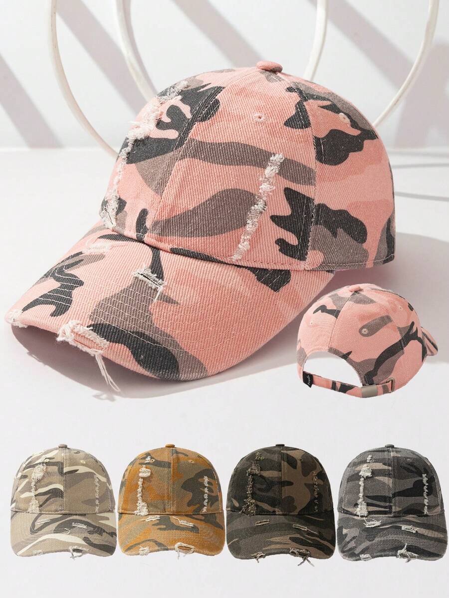 1pc Personalized Camouflage Baseball Cap Unisex Distressed Ripped Soft Top Hat Flattering Face Shape Sun Protection Polyester - Multicolor - View 1