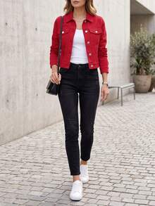 Jaket Denim Pendek Wanita, Katun, Lengan Panjang, Warna Merah Kasual Musim Semi/Musim Gugur - Merah - View 4