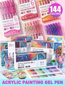 Languo Acrylic Painting Pens, 0.7mm Retractable Design, 6pcs/Pack, 15 Shades, Multi-Color Options, 36/54/72/90/144 Color Gift Set, High Saturation And Strong Coverage, Works On Black Paper, Glass, Ceramic, Wood And More Materials, Even Ink Flow Without Smudging, Suitable For Journaling, Doodle, DIY Hand Drawing, Cross-Border Art Creation - Push-to-use Gel Pen - View 3