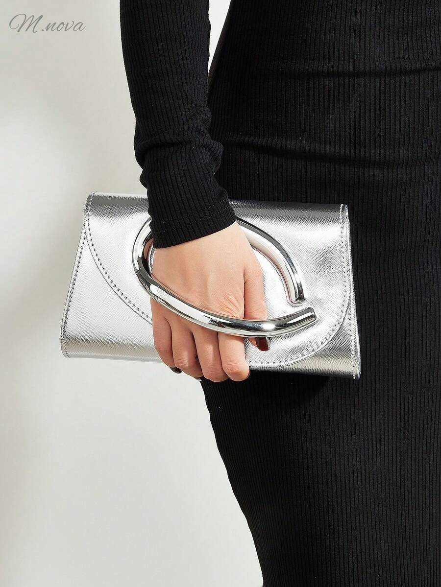 Elegant Large Women's PU Material Clutch Evening Bag Ball Handbag With Detachable Chain,Suitable For Weddings, Parties, Banquets And Other Occasions - Silver - View 1