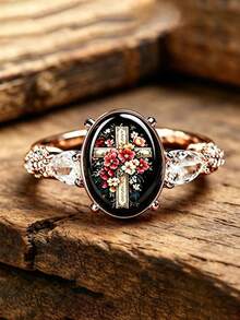 Vintage Style Cross With Flower Pattern Men's Fashion Ring, Engraved Texture Hypoallergenic Skin-Friendly Jewelry, Suitable For Daily Wear And Gifting - Multicolor - View 1