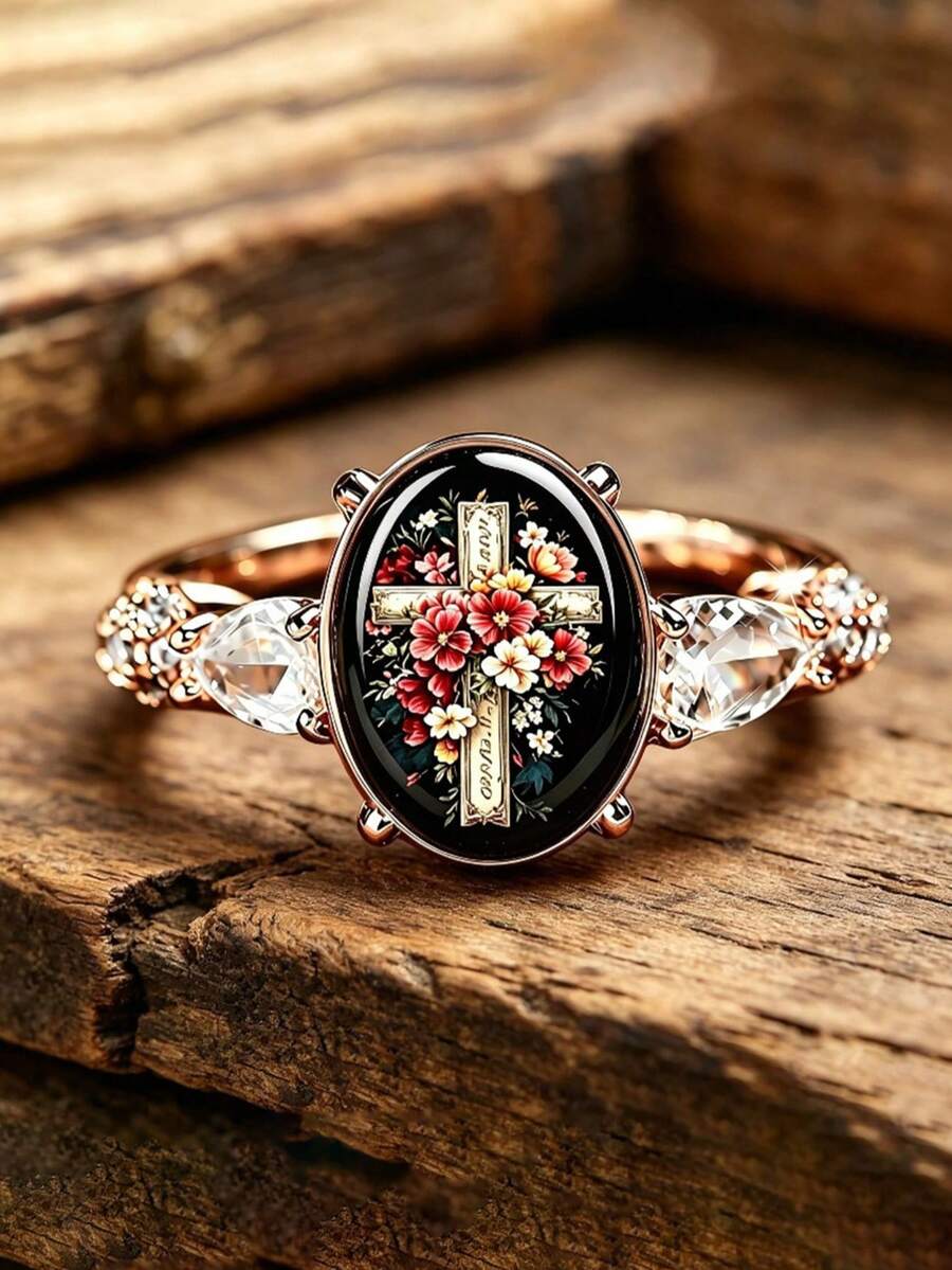 Vintage Style Cross With Flower Pattern Men's Fashion Ring, Engraved Texture Hypoallergenic Skin-Friendly Jewelry, Suitable For Daily Wear And Gifting - Multicolor - View 1