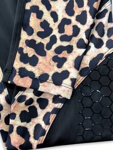 1pc Women's High Waist Leopard Print Patchwork Equestrian Sports Pants, Leopard Print Patchwork Design Riding Pants Black Fall - Black - View 6
