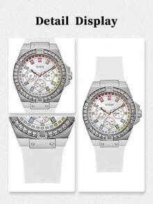 Jam Tangan Fashion Wanita GUESS Gaya Sporty Sehari-hari, Baja Tahan Karat Perak dengan Dekorasi Kristal dan Tali Silikon, Dial Multifungsi GW0541L1 - Putih - View 6
