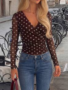Women's V-Neck Polka Dot Pleated Slim Fit Versatile Daily Long Sleeve Top - Brown - View 3