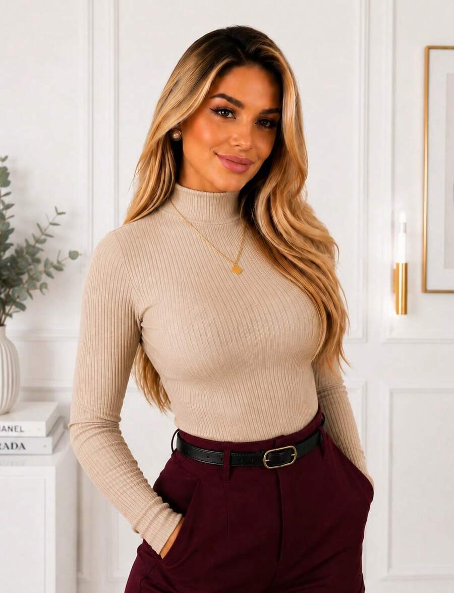 Women's Ribbed Mock Neck Long Sleeve Base Layer Top Elegant Basic Casual Gift - BEIGE - View 1