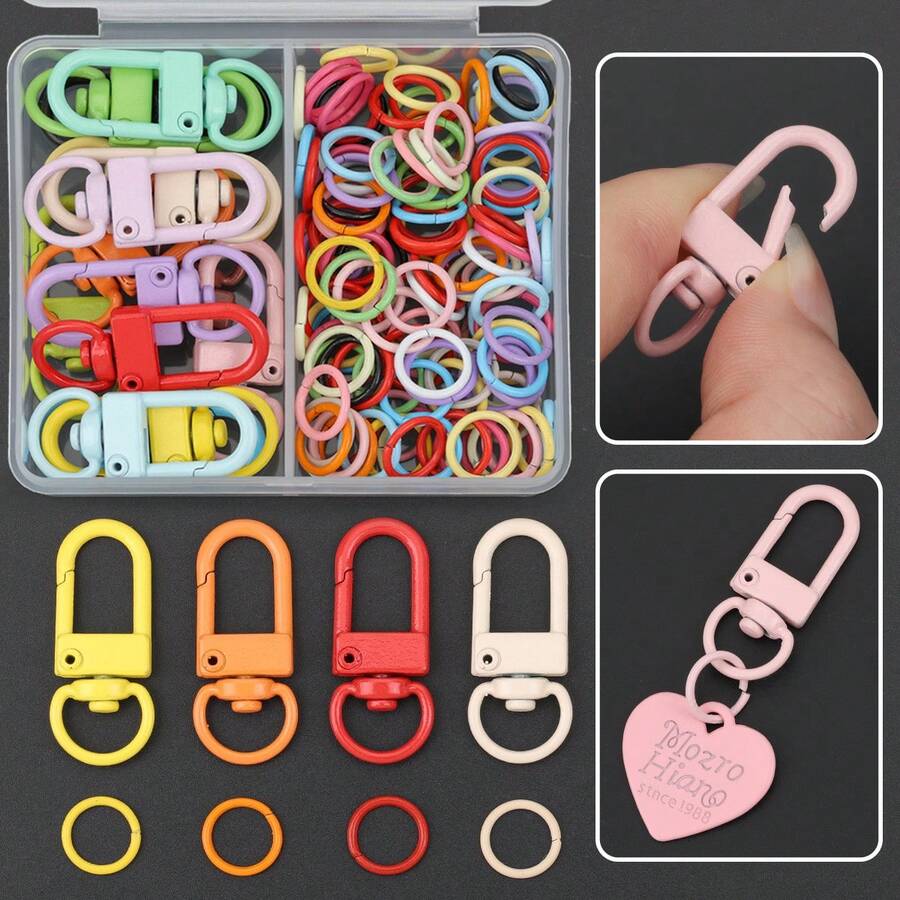 112pcs/Box DIY Keychain Making Parts Random Mixed Colors Includes Rotating Lobster Clasp And Jump Rings, Zinc Alloy Spring Buckle Door Hook Connector Suitable For Braided DIY Keychain Bag Pendant Hanging Accessories Open Connection Ring Keychain Accessories Making Materials DIY Keychain Accessories Making - Keychain & Jump Ring - View 1