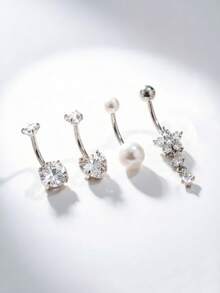 4Pcs CZ Inlaid Belly Ring Set Round Heart Pearl Flower Pendant Stainless Steel Navel Piercing Jewelry Daily Party Festival Wear - 4-piece Set - View 3